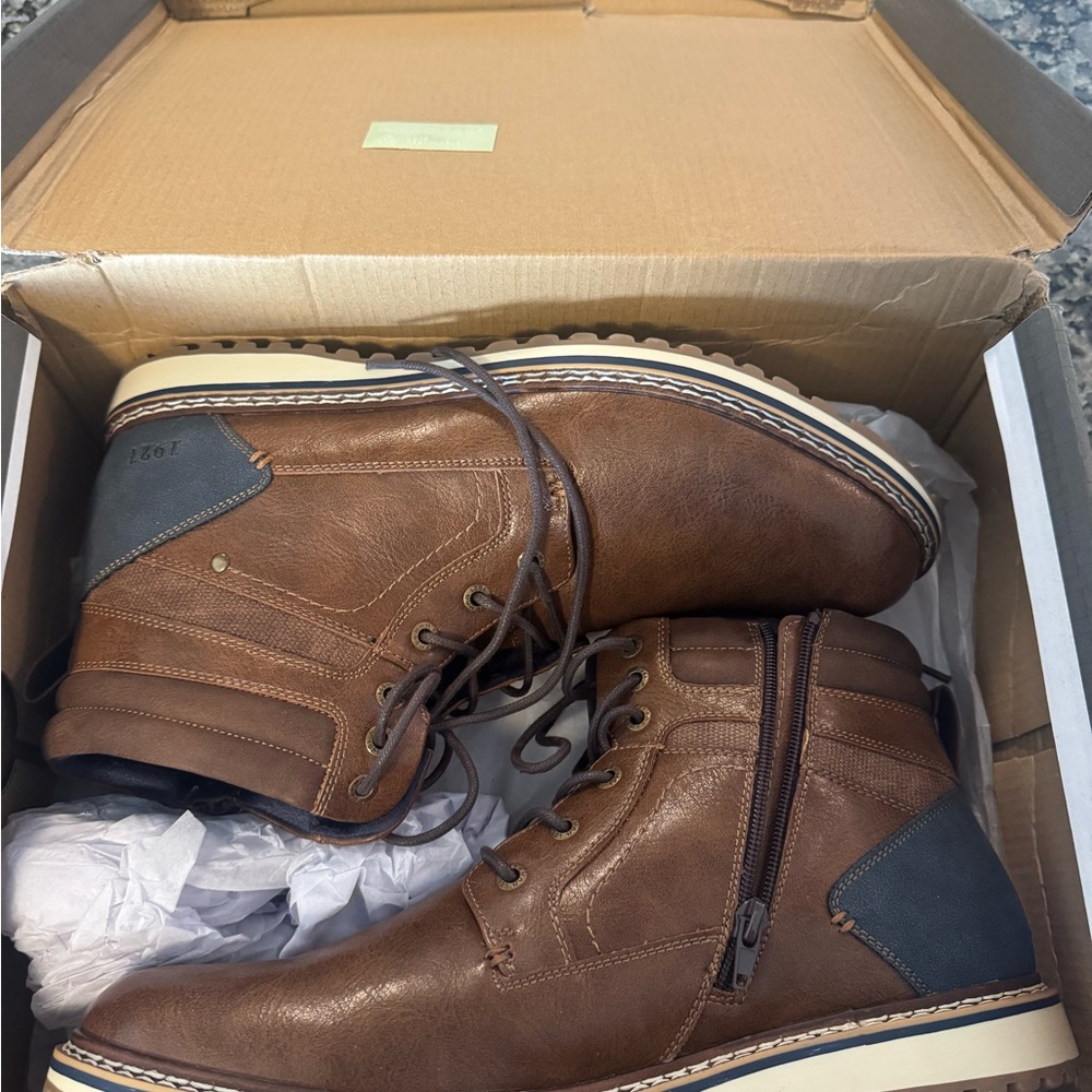 Men's Brown Leather Boots with Side Zipper